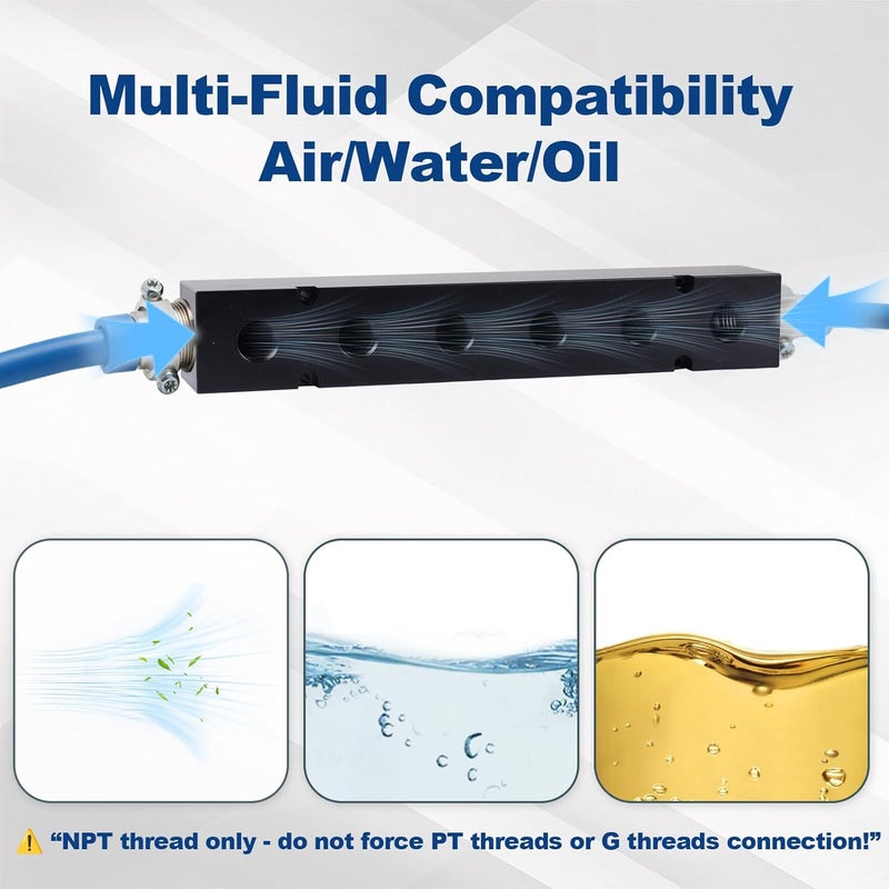 MARSTEK High Flow Air Manifold, Air Compressor Manifold, Air Hose Inline Manifold Block Splitter, Pneumatic Manifold Air Distribution Block, NPT 1 Inch Supply Port, NPT 1/2 Inch Output Port (6 Way 8 Port) - Image 5
